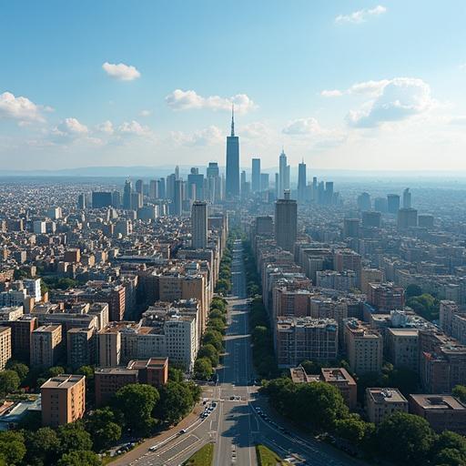 Aerial view from San Isaac in San Petersburgo showcasing a vibrant city skyline with tall buildings and clear blue skies. The image captures a bustling urban environment with greenery in between.