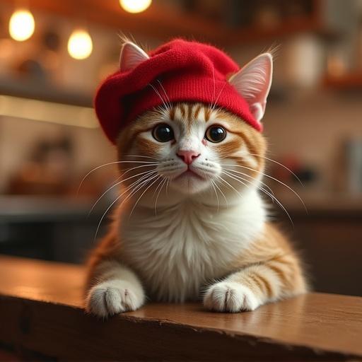 Realistic cat wearing a red hat sitting in a cozy restaurant kitchen.