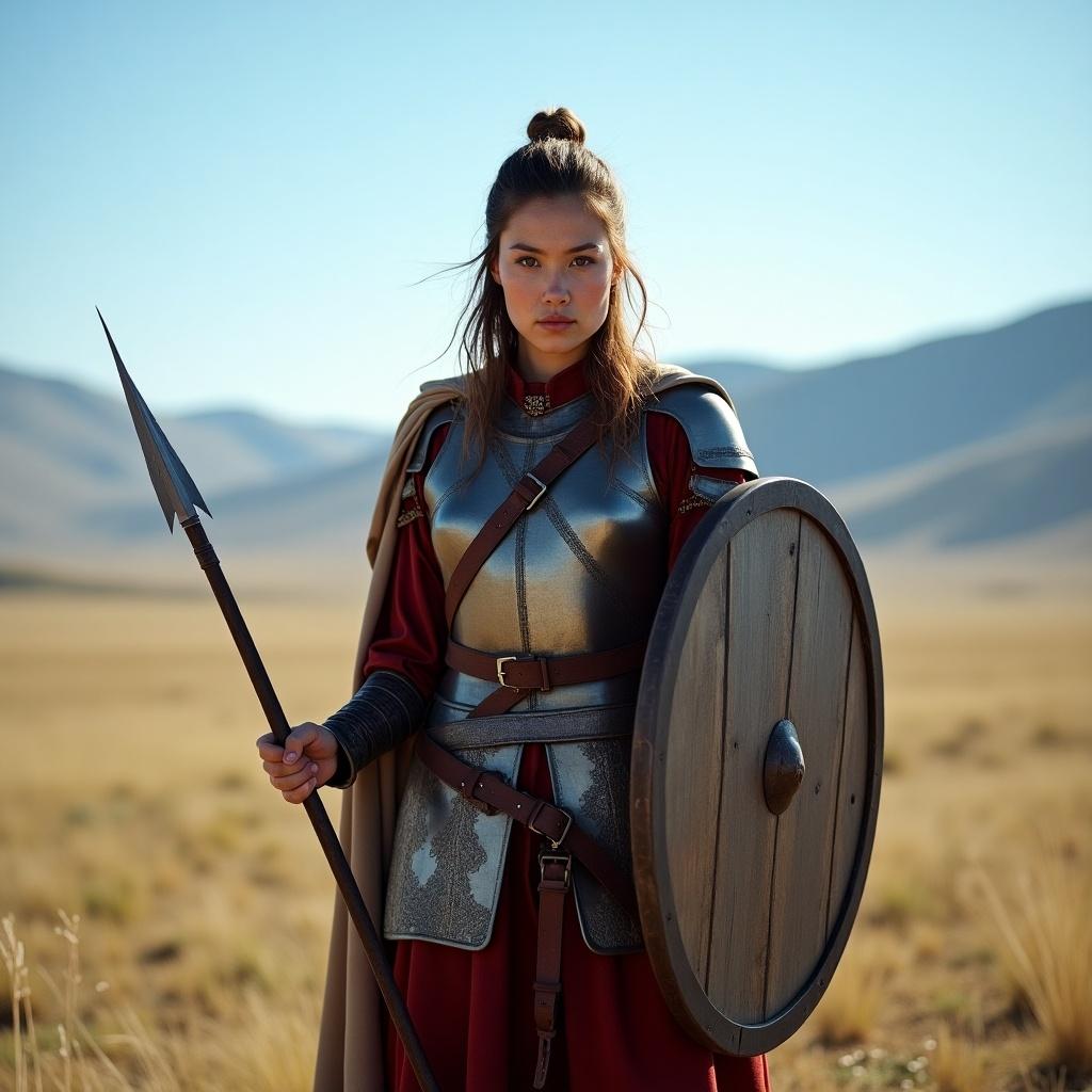 Female warrior wearing armor and holding a spear and shield in a Mongolian landscape. Strong expression and poised stance against a mountainous background.