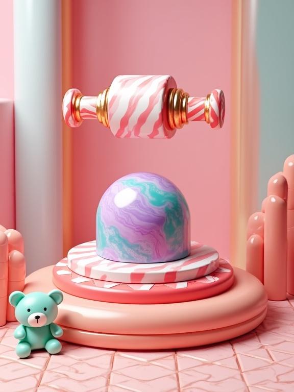 A vibrant candy-themed fantasy machine setting. Features pastel padded conveyor. On platform, glossy dome with marbled textures in purple teal magenta white. Above, large rotating striped roller with red zigzag patterns. Base has chevron-patterned tiles in peach coral surrounded by red border. Small mint-green peach checkered teddy bear in bottom-left corner. Background has pastel walls with reflective gradient. Whimsical playful hyper-polished 3D style.