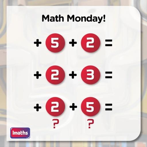 Instagram post image with the title 'Math Monday!' at the top. Focus is on the math expression '5 + 2 x 3 = ?'. Numbers are in red and white boxes. Imaths logo is included subtly. BODMAS or PEMDAS as a faded background. Clean and modern style for high readability.