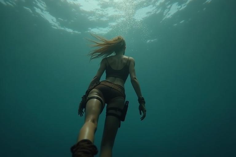 Camera view under ocean surface captures woman diving. Her back faces. Arms bound in front. Relaxed body. Dark brown crop top. Tactical shorts. Black thigh straps. Rugged brown boots. Golden hair floats. Water surface ripples. Light beams scatter. Calm cinematic moment.