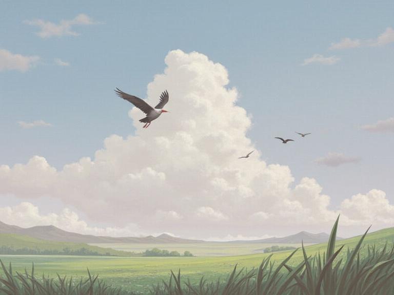 Artwork showcasing birds in flight over a serene landscape featuring blue sky, fluffy clouds, and green grasslands. Distant mountains add depth to the scene.