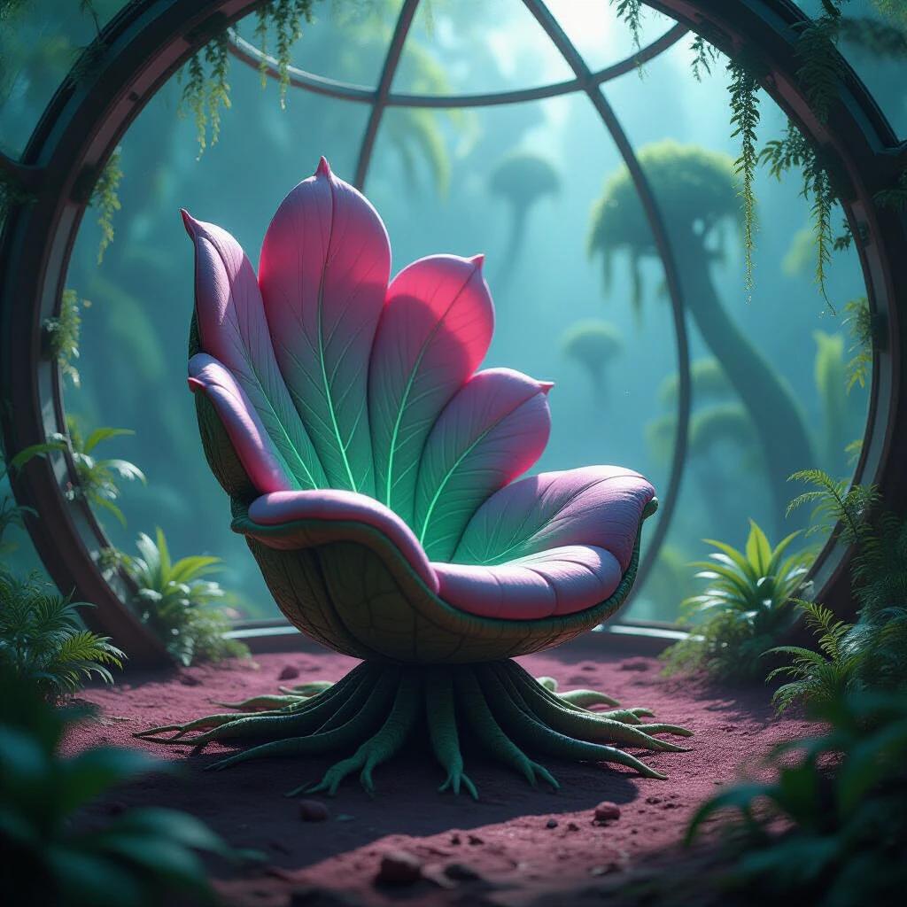 Cinematic hyperreal image of an alien rocking chair. The chair looks like a blooming flower. Set in a terraformed biodome on an exoplanet. Features bioluminescent veins in cyan and magenta. Anchored by roots in mineral-rich soil. Tall alien plants sway beyond a translucent dome. Dappled purple and green light casts through the dome. Floating pollen adds to the atmosphere. The chair rocks gently in rhythm with gravity pulses.