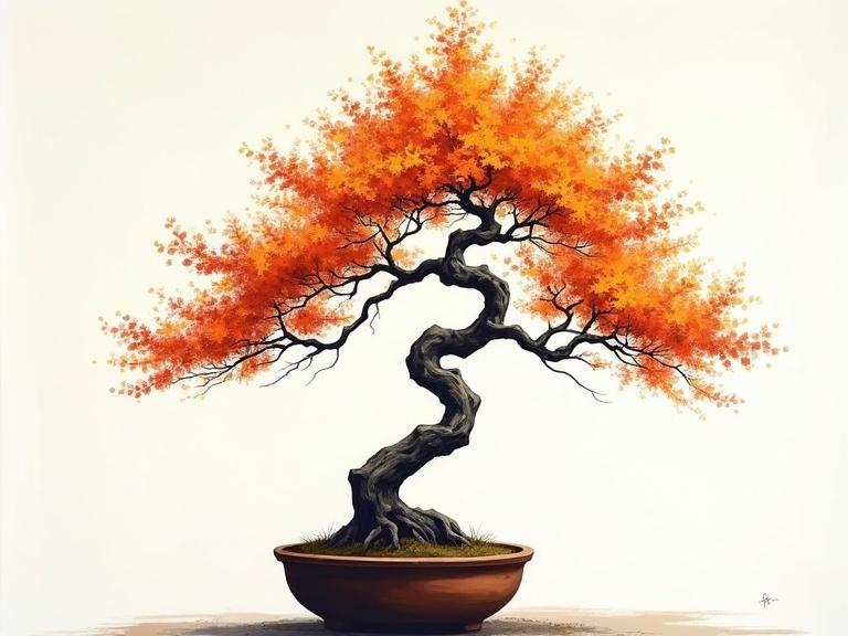 Fine art painting of a bonsai tree with vibrant orange leaves. High contrast and hard edged, using hand painted acrylic. Tree branches resemble those of a maple. Background is very simple. The highly asymmetric trunk is gnarled and leans. Sparse clumpy leaves. Rests in a simple clay pot.