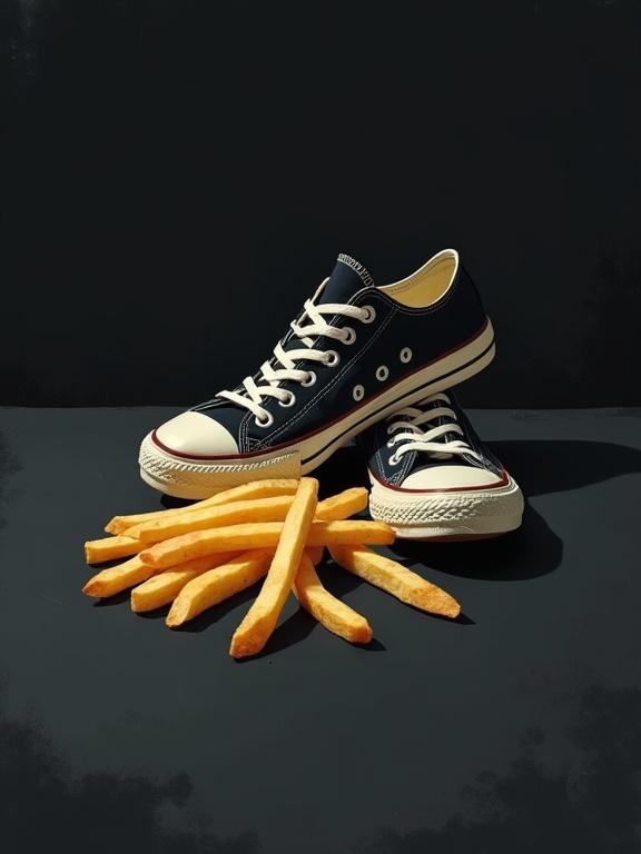 Two individual French fries placed on a flat black surface. A pair of worn, empty Converse sneakers next to them. Neutral lighting in a painterly sumi-e style. Minimalist composition. Dark moody atmosphere with glitchcore elements eroding the background.