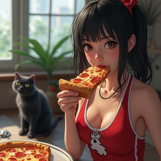 Realistic image of a 20-year-old Japanese woman in gym uniform enjoying pizza toast. A cat and ghost in the background represent Akihabara culture. The toast has Japanese writing and a logo engraved. Highly detailed with vibrant colors and dramatic lighting.
