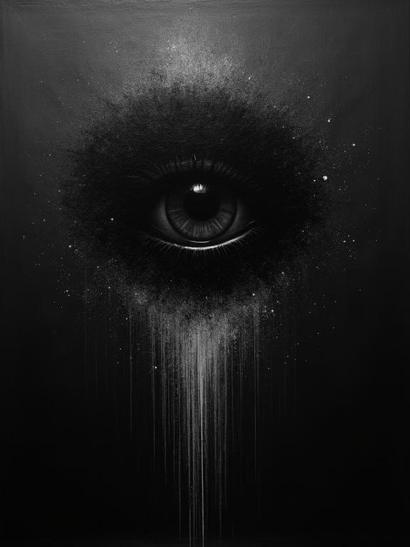 An abstract oil painting features a giant eye in the top half on a black background. The eye is surrounded by a cosmic black void, radiating downward with glitch-like effects filling the lower half.