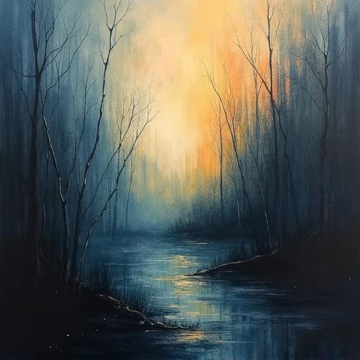 Darker colors create a muted atmosphere. Abstract representation showcases lyrical abstraction. Light leads the eye through a foggy forest. Forest reflects on a peaceful water surface. Warm glow breaks through cool tones. Subtle details suggest depth and texture.