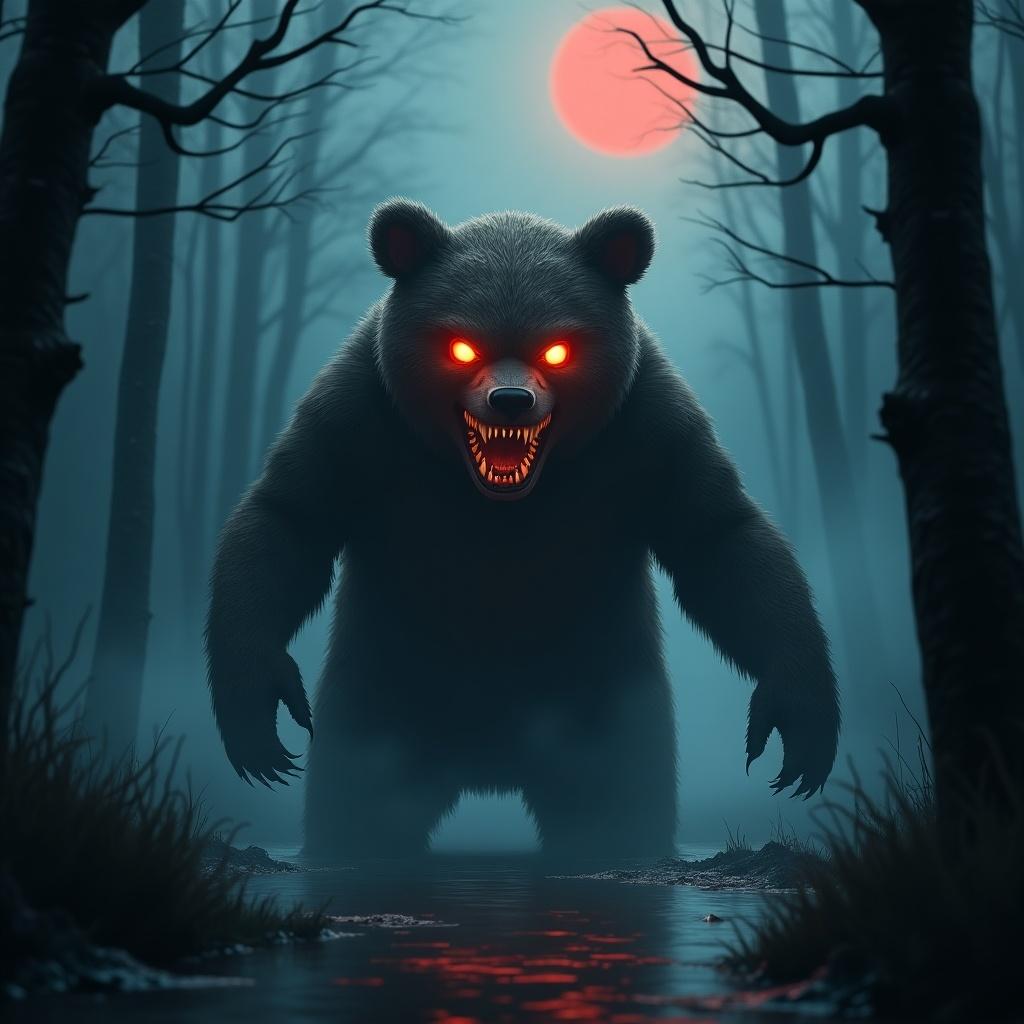 Bear-like character with glowing eyes and a wide grin. Emerging from a misty forest. Spooky atmosphere with a swamp. Red moon rising on the horizon.