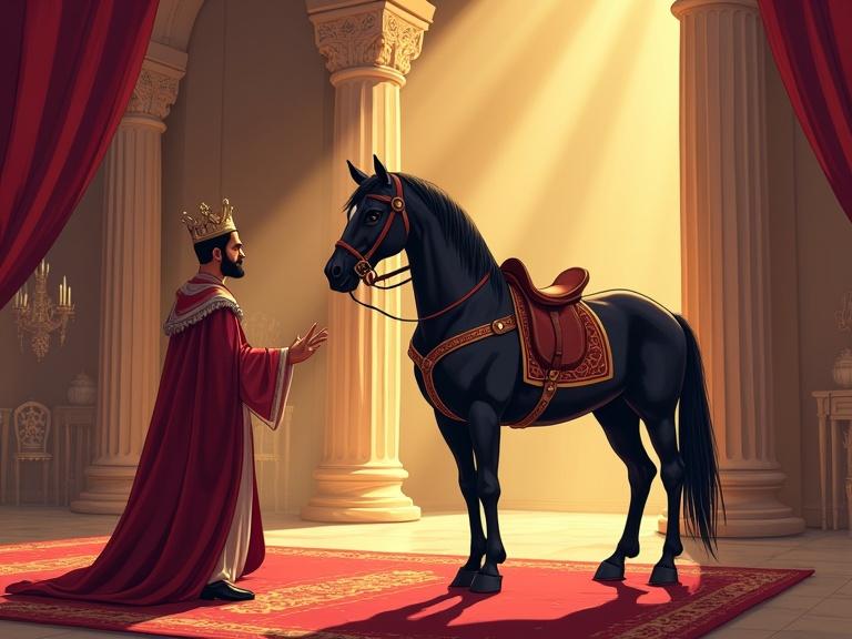 Colorful children's illustration in a royal hall. A wise character presents a majestic black wooden horse to the king. The horse has elegant features with crystal eyes and a silver saddle. The style is simple and soft for toddlers, featuring warm colors and rounded lines. The background shows columns and red carpet with several court spectators.
