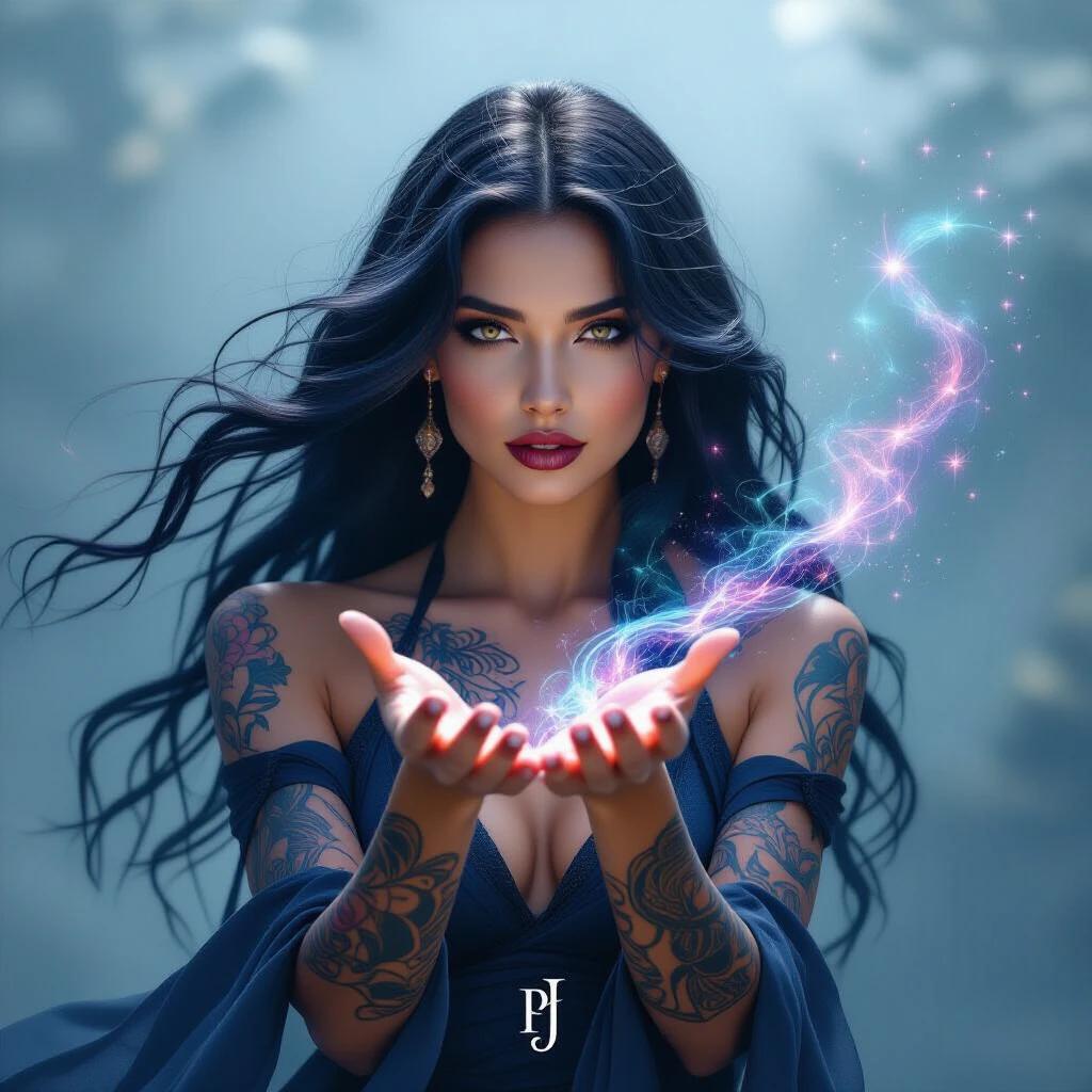 A mystical figure emerges from a misty background. Hair shimmers in shades of deep blue and black. Piercing gaze with bold dark lips draws the viewer in. Intricate tattoos adorn her arms. A swirl of vibrant cosmic elements surrounds her hands. Water droplets and ethereal sparkles dance. She gestures with an otherworldly grace. Soft diffused lighting enhances the magical atmosphere. Contrast between dark hues of attire and bright celestial accents captivates. Evokes awe and mystery. Embodiment of nature's elemental force poised to unleash hidden powers.