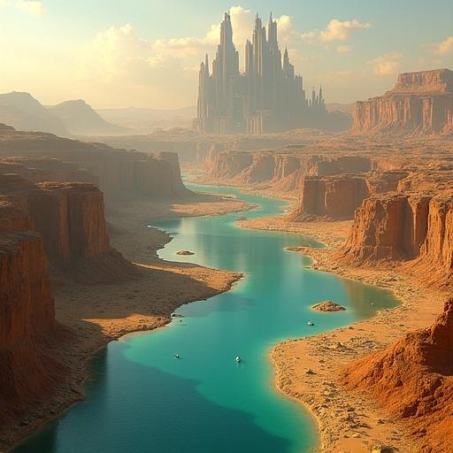 Imzubafi is a hyper-dense metropolis surrounded by beautiful desert canyons. A long river flows through the arid landscape towards a magnificent futuristic city. The skyline features towering structures that blend with advanced hydro-engineering. The climate is extremely hot during the day and cool at night. Ancient canals are visible in the terrain. Monsoon floods help refill water reservoirs.