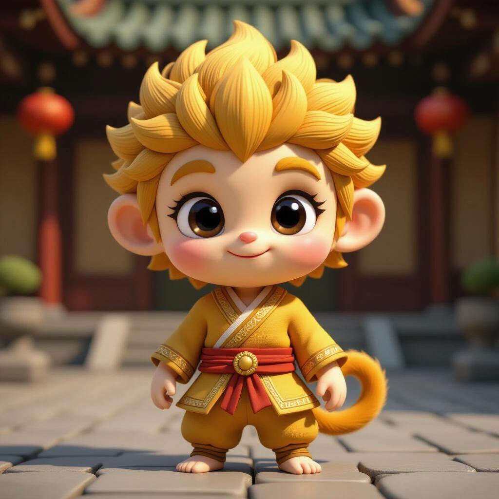 Cute 3D cartoon model of baby Sun Wukong in ancient times with golden fluffy short hair and round chubby monkey face. Character has big bright eyes and a small delicate nose. Textures are soft and delicate with highly detailed rendering. Full-body frontal view in 3:4 ratio.