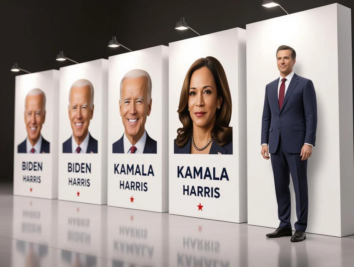 Ultra-realistic 3D photo featuring domino pieces with faces of Biden, Trump, Kamala Harris falling one by one. Final piece shows Gavin Newsom standing. Dramatic lighting symbolizes political chaos about to collapse.