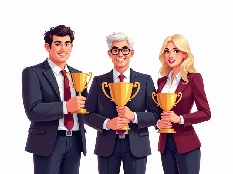 Illustration of three adults in professional business attire standing together holding trophies. They are celebrating an achievement. The individuals vary in appearance and gender. The background is transparent.