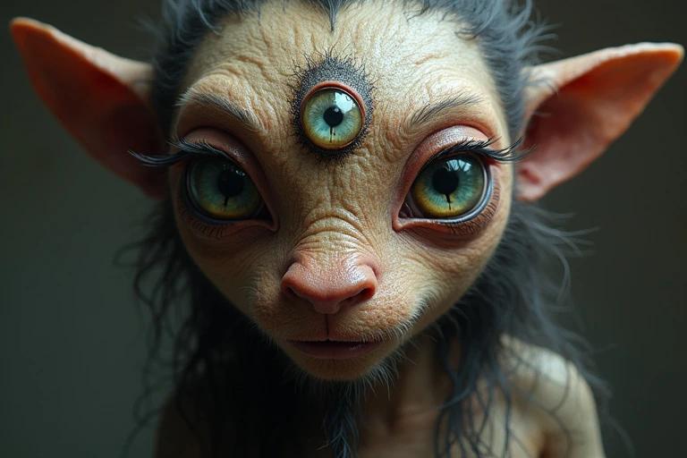 Create a three-eyed creature inspired by Likho. Face should be realistic. The third eye should be larger and positioned prominently on the forehead.
