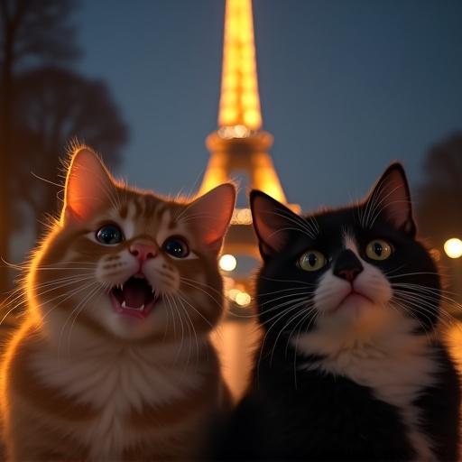 Image shows two cats posing in front of the Eiffel Tower at night. Happy expression on the orange cat and grumpy look on the black cat. Soft lights illuminate the scene. Cats are capturing the moment in a slightly blurry yet vivid way.