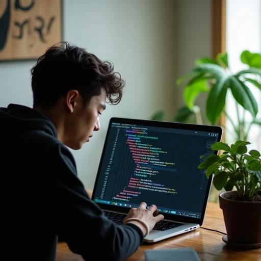 A person types on a laptop in a bright room. There's a plant near the laptop. The person wears a black hoodie. The focus is on the laptop screen which shows code. The room has a cozy feel with natural light.