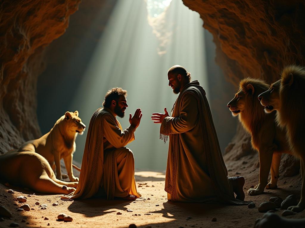 In a dimly lit cavern, two men stand face-to-face, their expressions filled with excitement and shock. One is kneeling with his hands in a prayer position, surrounded by majestic lions that seem calm yet powerful. The other man, dressed in extravagant royal attire, gestures animatedly while speaking to the kneeling man. The atmosphere is charged with a sense of urgency as they exchange words, caught up in a moment of high emotion. Sunlight filters through a distant opening above, casting a dramatic glow over the scene. This unexpected encounter between them in such a wild setting emphasizes their connection and the significance of their conversation.