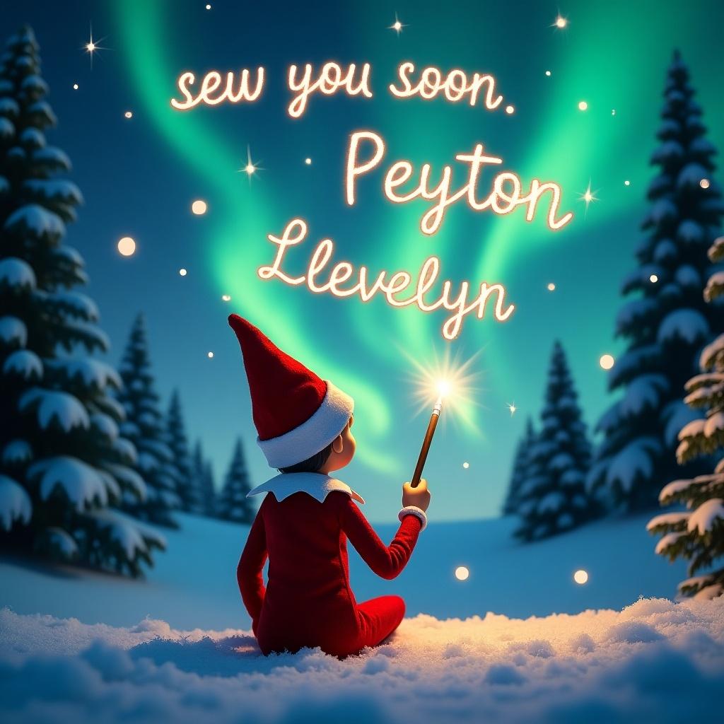 The image features an elf on the shelf, sitting with its back to the viewer in a winter wonderland. It faces a beautiful sky filled with northern lights and uses a magical wand to write names in the sky. Snow covers the ground, and evergreen trees create a festive backdrop. Above the elf, the phrases 'sew you soon', 'Peyton', and 'Llevelyn' are delicately inscribed in sparkling light. The overall atmosphere radiates whimsy and holiday spirit, embodying the essence of Christmas joy.