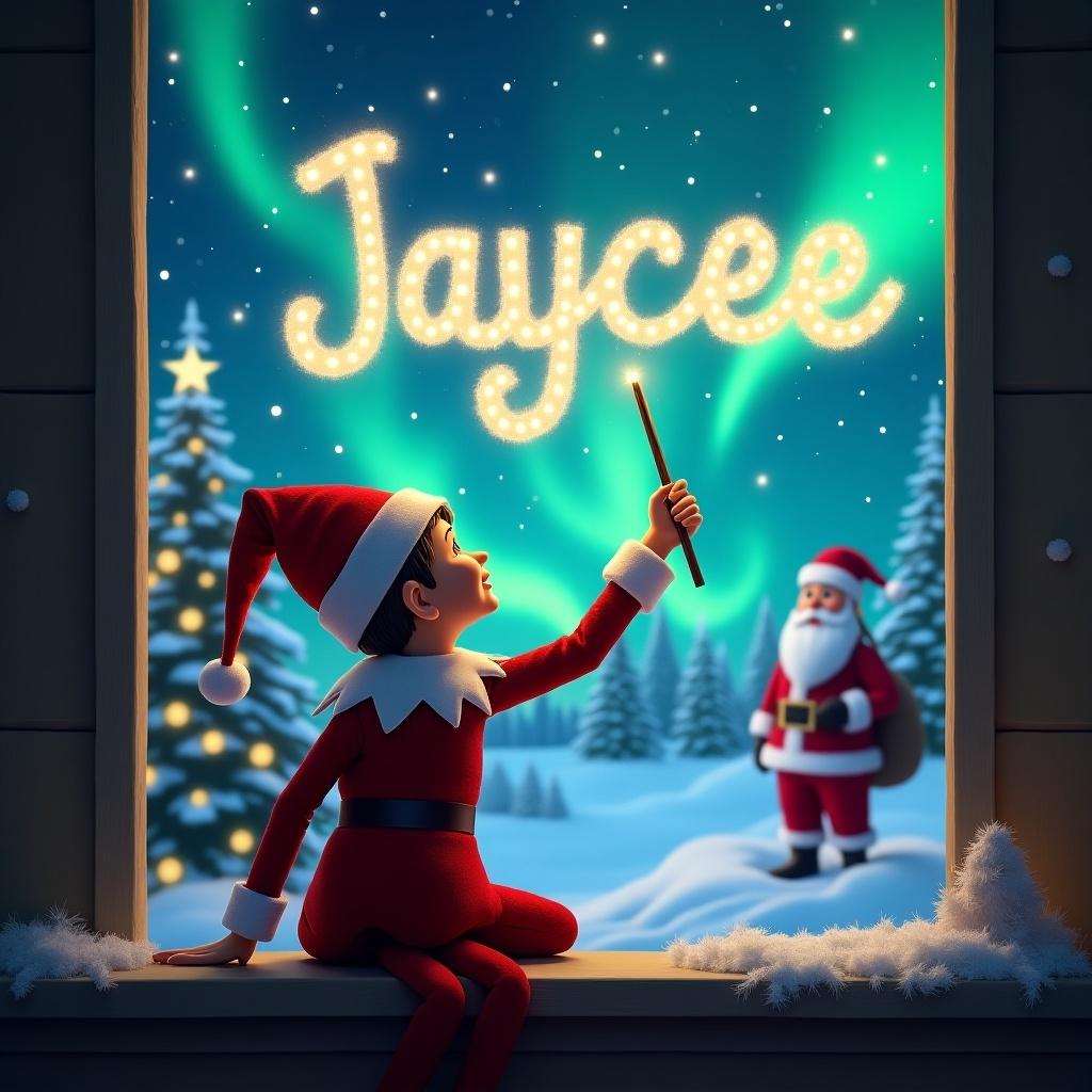 An imaginative Christmas scene featuring the Elf on the Shelf. The elf is sitting with its back to the viewer, gazing up at the night sky. Using a magical wand, the elf is writing the name 'Jaycee' in sparkling light. In the background, there's a beautiful display of the northern lights and Santa Claus standing nearby among snow-covered trees. The atmosphere is festive and enchanting, capturing the spirit of the holiday season. This artwork evokes a sense of wonder and joy, perfect for holiday decorations or themed products.