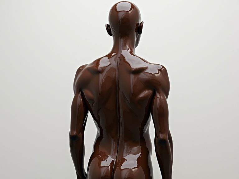 Melting chocolate optical illusion. Minimalist sculpture. Obscure and surreal figure. Nude male body seen from behind.