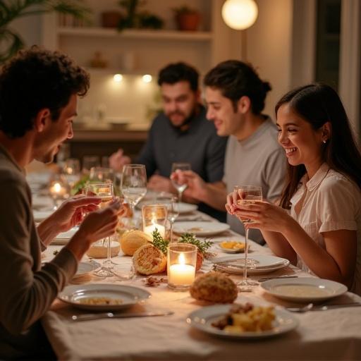 Family enjoying dinner together. Focus on dining setting interactions among members food served overall atmosphere.