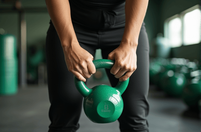 Close-up of a person holding a green kettlebell during a workout session.