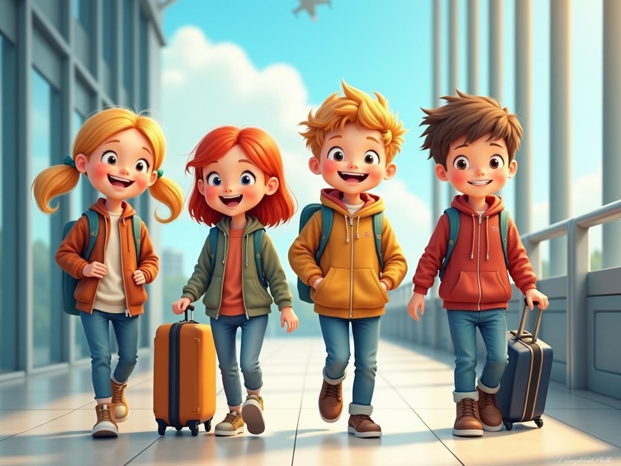 The image depicts four cheerful children walking through an airport corridor, each carrying a small suitcase. They are dressed in colorful casual attire, complete with hoodies and jeans, and their animated expressions convey excitement and happiness. The bright background and the hint of a clear sky outside enhance the sense of adventure.