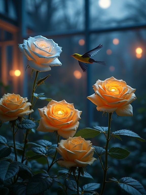 3D nocturnal panorama of a fantastical garden. A Nightingale with glowing copper-hued feathers flies past three distinct rose bushes. Left features white roses with translucent frosted-glass petals; center has yellow roses with amber-lit centers; right displays a dead black rosebush with razor-sharp thorns. Each plant has unique geometry: white roses in perfect Fibonacci spirals, yellow roses in chaotic growth. The background shows Victorian greenhouse windows reflecting moonlight. The style is cinematic with hyperrealistic textures and painterly edge glow. Lighting combines cool blue moonlight and warm candlelight.