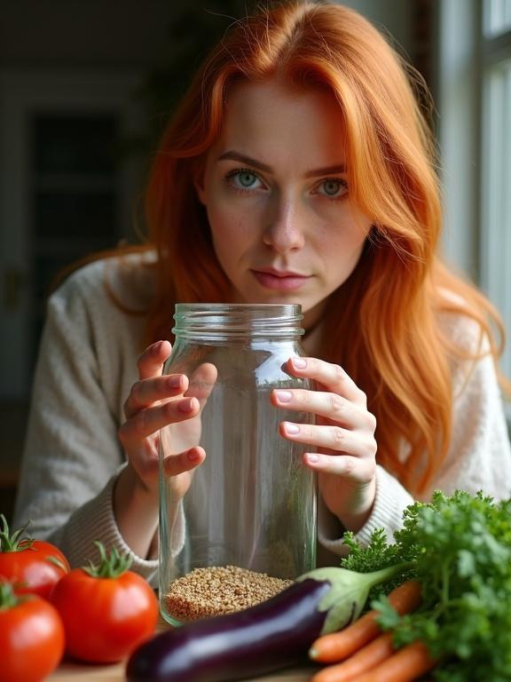 A woman examines a clear glass jar filled with grains. Surrounding her are garden produce including tomatoes aubergine green veggies and carrots. The setting features warm lighting and a vibrant arrangement of vegetables.