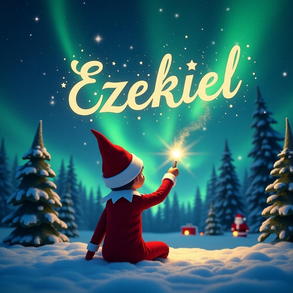 Elf on the shelf character seated on snow. Nighttime with northern lights in the sky. Elf joyfully using a magic wand to write the name 'Ezekiel' in stars. Christmas trees in the foreground. Hints of Santa Claus in the background. Captures magic and wonder for the festive season.