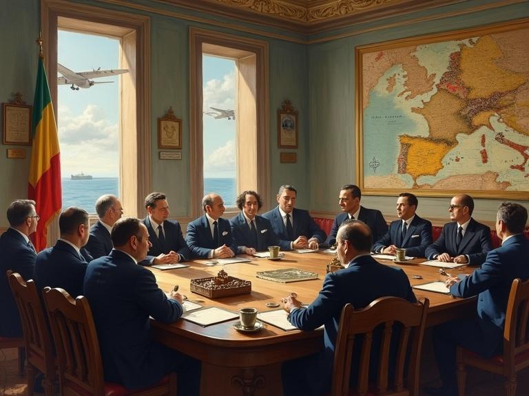 Realistic oil painting of a Spanish government room in mid June 1940. Group of ministers and diplomats around a large mahogany table with official documents and bronze seals. Large map of the Mediterranean on the wall highlighting Italy at war and Spain marked with red seal for 'No Belligerence - June 12, 1940'. Open window showing sea and reconnaissance planes. Date poster 'June 10, 1940' and waving Italian flag in one corner. Warm, dramatic light enhances expectant faces and political decision atmosphere. Visible brushstrokes and soft tones of ochre, gray, and blue.
