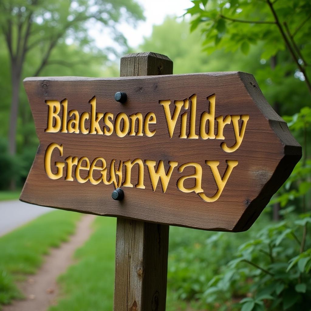 Wooden sign displaying Blackstone Valley Greenway. Sign made of wood, featuring yellow letters against a brown background. Surrounded by greenery in a natural setting.