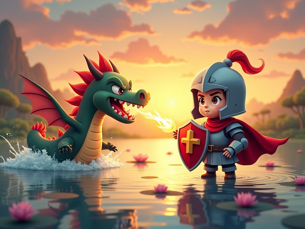 A cute cartoon knight stands confidently on the right side of the image, holding a shield with a determined expression. On the left side, a furious dragon splashes around in the water, its feet creating ripples on the surface. The dragon is breathing fire towards the knight, its flames illuminating the scene. The background features a serene landscape with lotus flowers floating on the water and a beautiful sunset reflecting in the water. The knight is ready to defend himself, and the dragon looks fierce but playful. The entire scene blends action with whimsical charm.