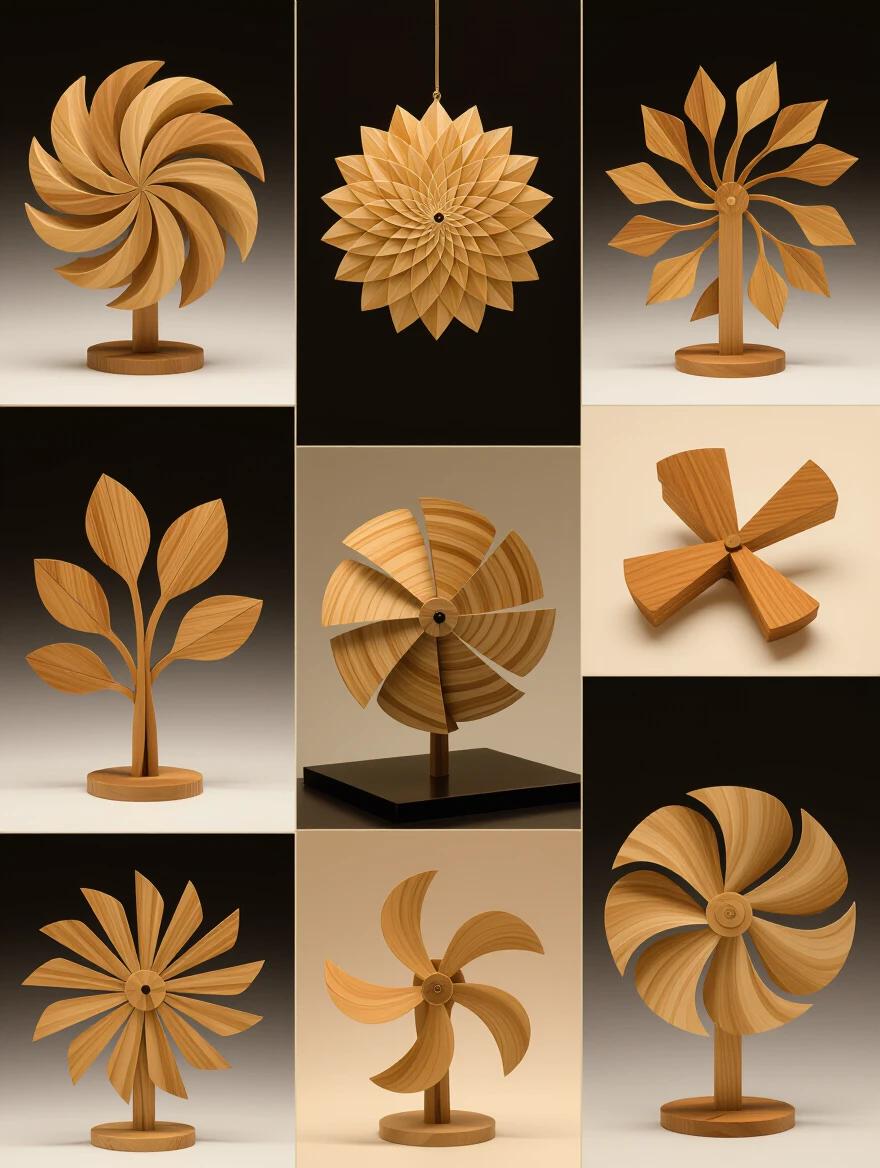 Kinetic sculpture elements made of wood. Displayed are spinning turbines and swaying leaves. Each piece shows woodworking techniques. Wooden grain patterns are highlighted with natural tones. Displayed outdoors where wind activates motion. Captured with slight motion blur.