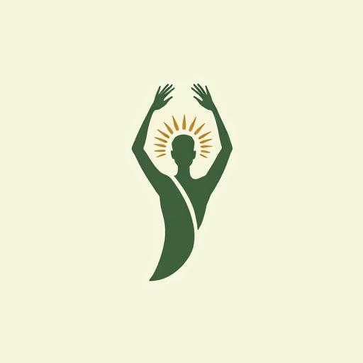 Logo design featuring a minimalist representation of a stylized human silhouette. Arms raised creating a leafy crown symbolizing human-nature connection. Soft light green and ochre colors used. Fine, elegant typography included.