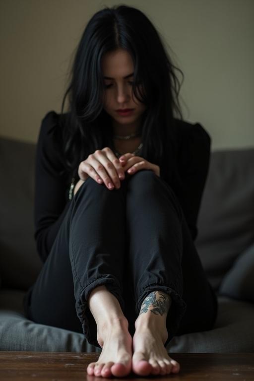 Portrait of a mature goth woman with long black hair. She has tattooed soles on bare feet. Sitting on a couch with feet on a coffee table. Tears are visible on her face.