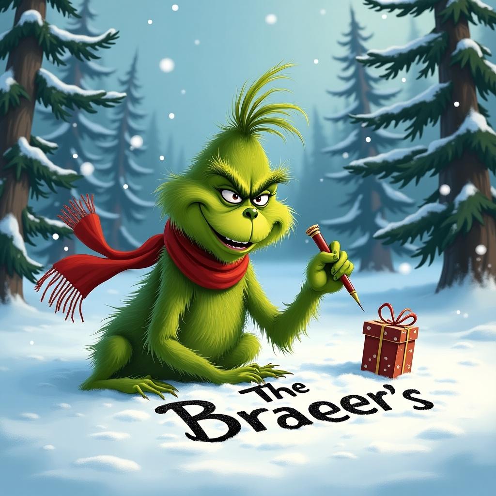 The Grinch writes The Braeuer's in the snow. Scene shows a lighthearted atmosphere with playful charm and mischief. Peaceful winter setting with snow and pine trees. The Grinch is covered in green fur and wears a red scarf.