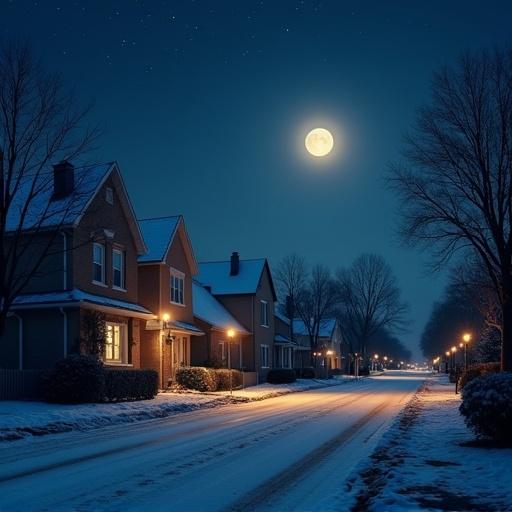 A quiet neighborhood scene at night. Snow covers the ground. Street lights cast a warm glow. The moon shines bright in a clear sky filled with stars. Homes are cozy and peaceful. The atmosphere is calm and serene. Everything appears sacred and restful.