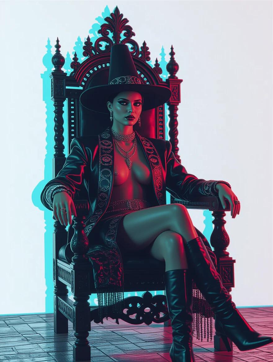 A nude witch on a throne in historical attire. Features include a neon color palette with glitch effects and a retro cyberpunk vibe. The setting is reminiscent of sci-fi themes. The composition showcases the witch's powerful pose and intricate wardrobe within a stylized aesthetic.