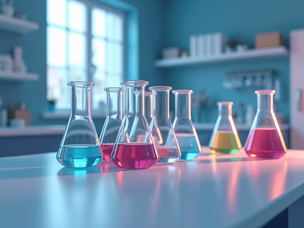 A row of glass flasks with colorful liquids sits on a white table in a sunny, blue room with shelves.