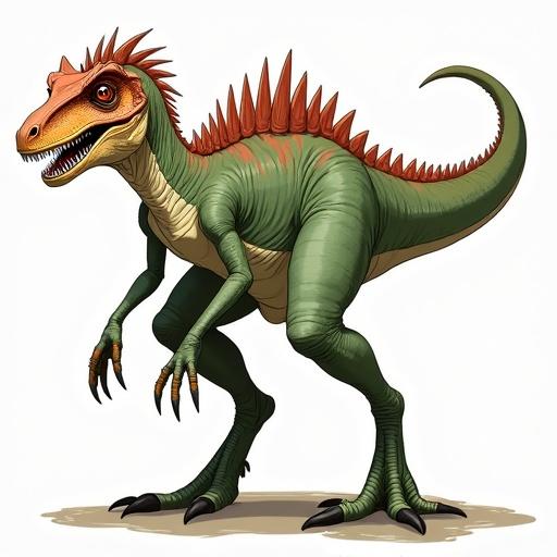 Concept art depicting a unique dinosaur hybrid creature. Features the head of a giganotosaurus, saber tooth designated eyes and teeth, mosasaurus tail and gills, and tree frog webbed claws and feet. Displayed in a colored format.