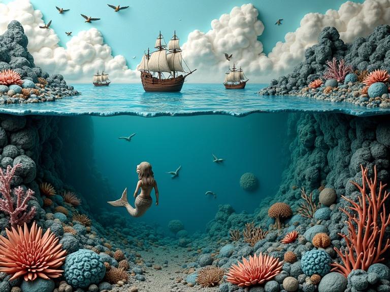 A vivid oceanscape made of clay shows ships and birds above water and a mermaid surrounded by coral below.