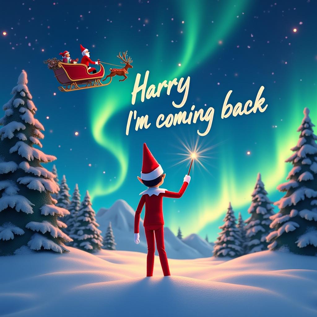 Elf on the shelf looks toward the sky using a wand. Text appears in the sky saying 'Harry I’m coming back'. Background features magical Christmas scenery with northern lights and Santa's sleigh.