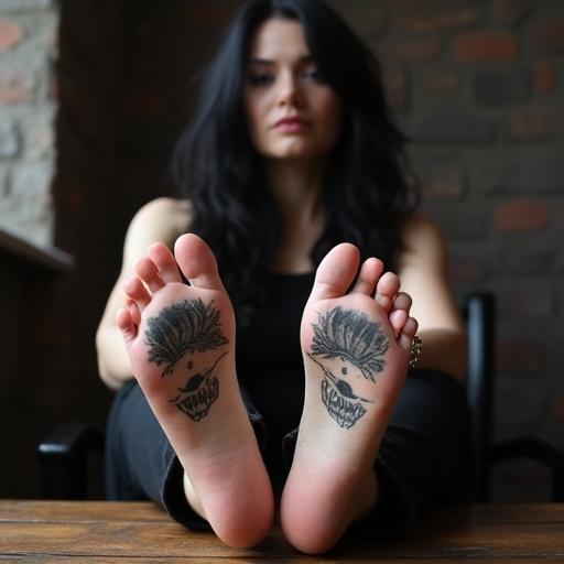 Mature goth woman with long black hair shows her tattooed soles. She wears goth clothing. She sits on a chair with feet on the table.