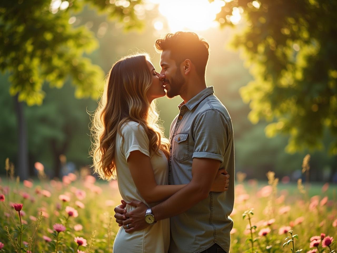 A couple is sharing a romantic kiss in a lush green park. The scene is illuminated by soft daylight filtering through the trees, creating a warm and inviting atmosphere. Flowers bloom around them, adding color to the tranquil setting. This intimate moment captures the essence of young love and romance. The couple appears happy and connected, showcasing their affection for each other in a natural environment.