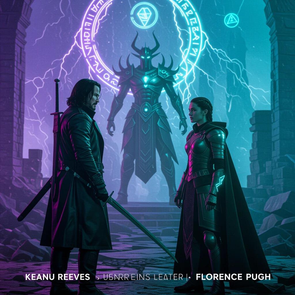 Keanu Reeves dressed in a dystopian trench coat with a sword on his back. Florence Pugh wearing an armored cloak with glowing electric glyphs. Large cyber-sorcerer in the background surrounded by floating runes. Setting is a futuristic battlefield with ruins and energy storms. Dramatic purple and teal lighting enhances the scene.