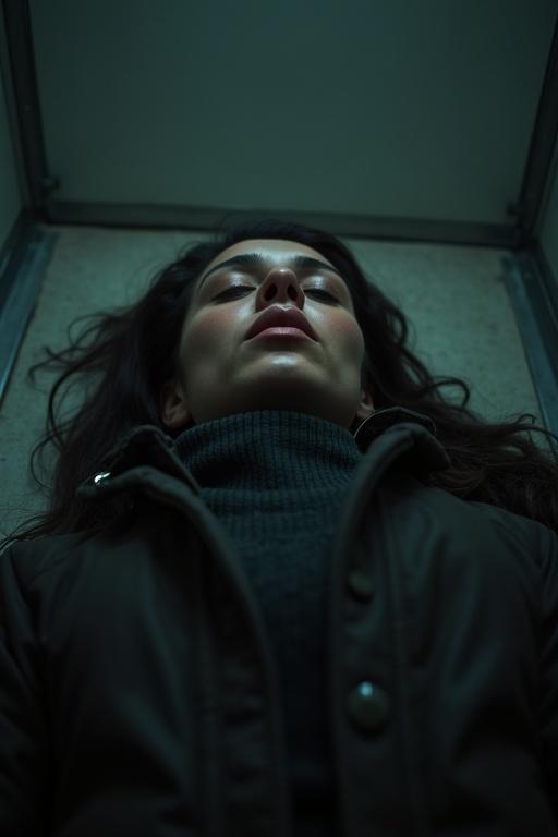A woman lies on the ground with dramatic lighting. The scene has an intense vignette. The view is from her perspective looking up.